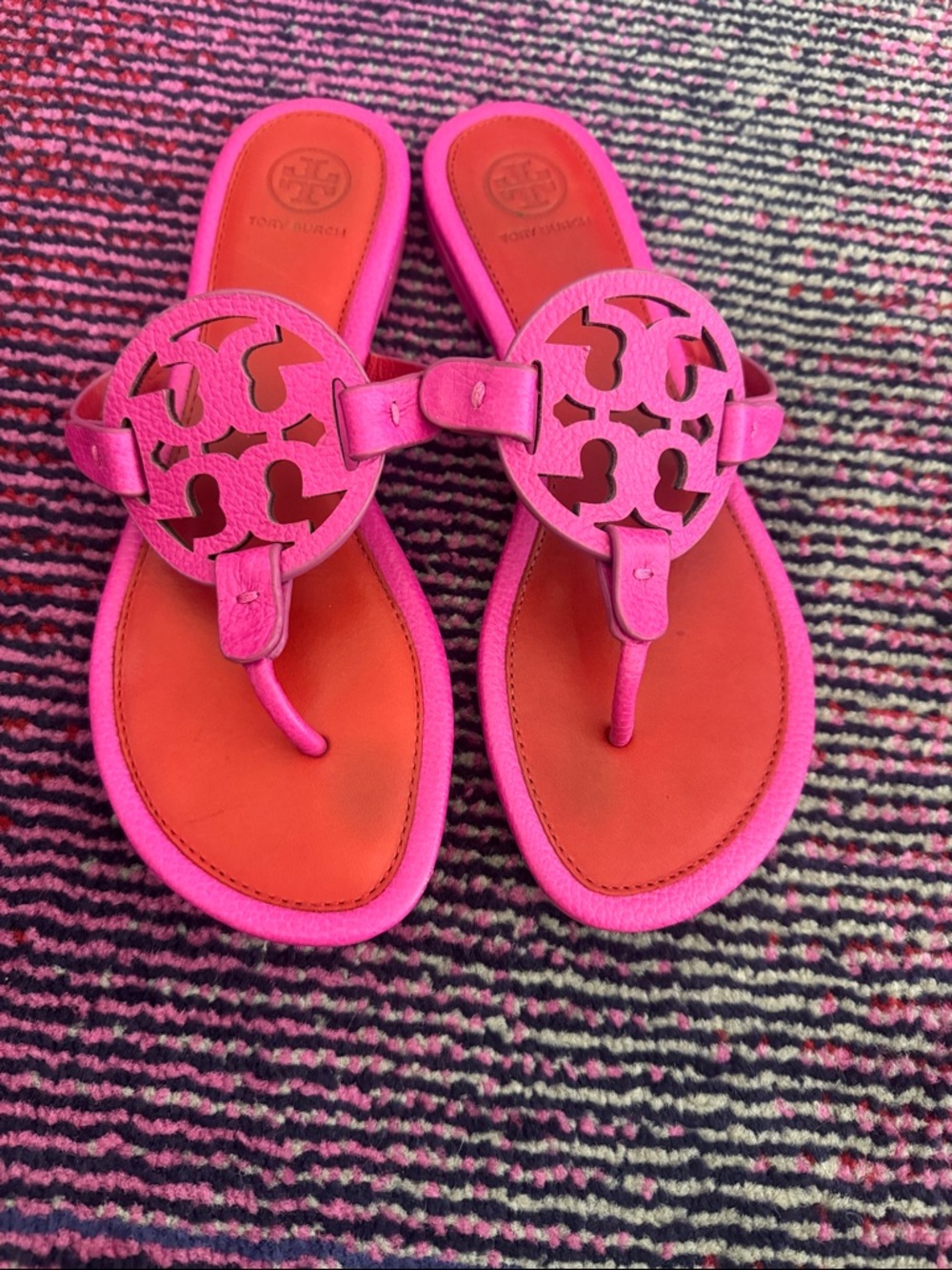 Tory Burch Pink Leather Logo Thong Sandals with Orange Footbed